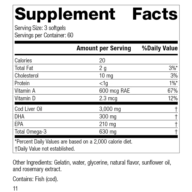 Cod Liver Oil. 180 Softgels
