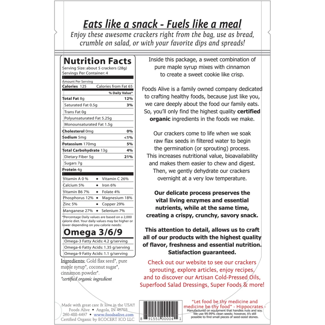 Organic Maple Cinnamon Snack Crackers 4 oz By Foods Alive